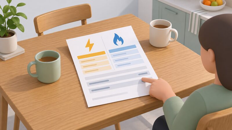 A paper dual fuel energy bill lying on a kitchen table beside two mugs, its layout showing a standing charge line and a unit rate line as separate blank banded rows, with a hand pointing to the breakdown.
