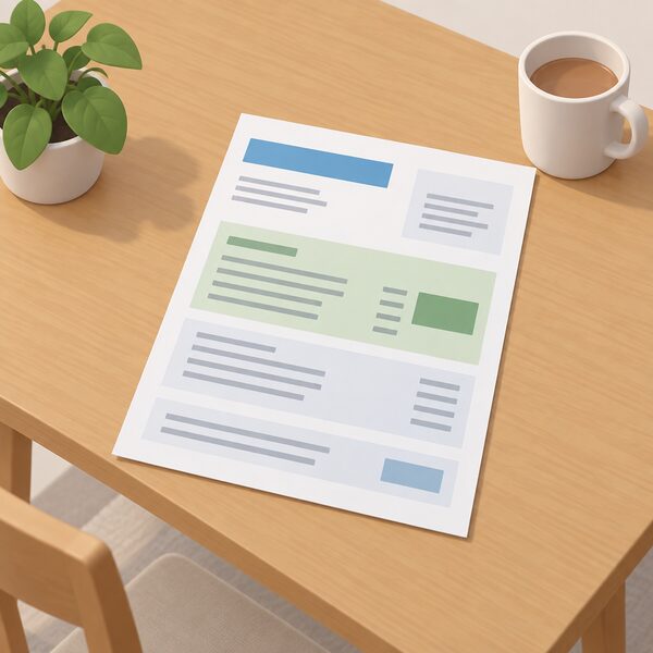 A paper household energy bill lying flat on a domestic table, drawn as a physical document with blank lines and plain colour bands carrying no readable words or numbers, with no supplier branding or logos anywhere on it.