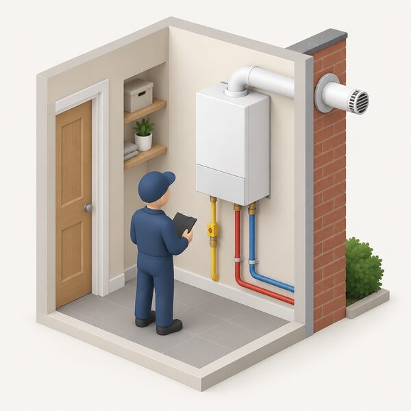 A wall-mounted domestic gas boiler in a home airing cupboard or kitchen, shown in cutaway with its gas pipe, flow and return heating pipes and flue passing through the external wall, with a small simplified figure inspecting it.