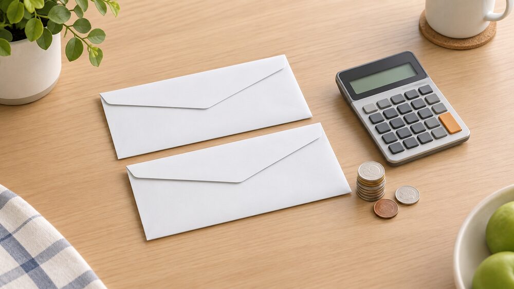 Two plain white bill envelopes lying side by side on a kitchen table, one slightly forward of the other, with a small stack of coins and a calculator beside them, all seen from above in soft daylight.