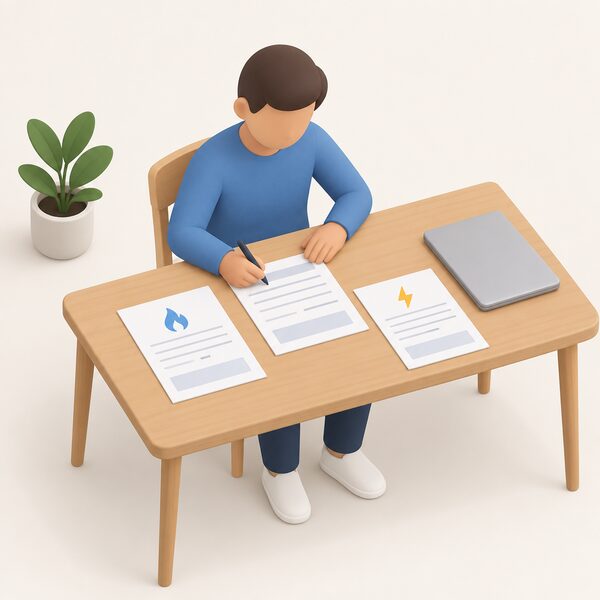 A simplified figure seated at a kitchen table completing a paper Direct Debit mandate for their gas and electricity account, with two energy bills and a pen beside them and a laptop closed at the table's edge.