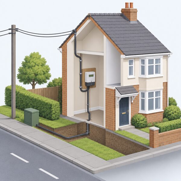 A cutaway view of an ordinary British house showing the electricity meter and the supply cable running from the local grid overhead or underground into the home, with no supplier branding anywhere, emphasising that the physical connection stays the same regardless of which company supplies the household.