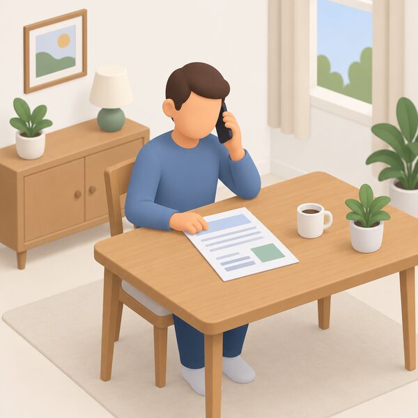 A householder sitting at a table in their home telephoning their energy supplier's customer service team, holding a phone to their ear with an energy account bill or statement laid on the table beside them as a physical document with blank lines and plain colour blocks.