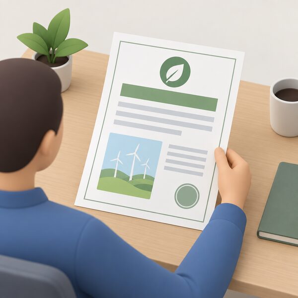 A single REGO certificate shown as a paper document lying on a desk, its content rendered only as blank lines and plain colour blocks, with a simplified figure's hand holding one corner as if checking the record of renewable generation.