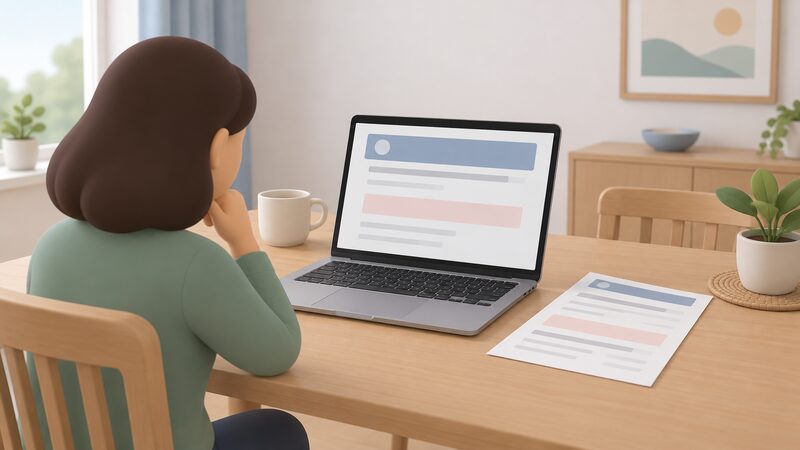 A laptop on a household table shows a closed former energy supplier account page rendered as blank lines and plain colour bands, with a paper final bill lying beside it, both drawn as physical objects with no readable words or figures.