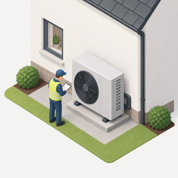 An own-brand air source heat pump outdoor unit on a concrete base against the external wall of a house, with a small isometric figure of an installer inspecting it, representing the hardware covered by the eight-year warranty.