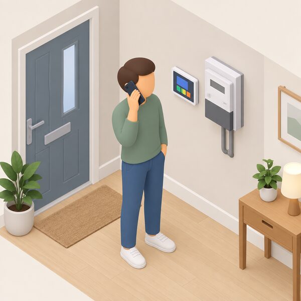 A simplified isometric customer at home holding a mobile phone to their ear, mid-call to their energy supplier's support line, with a domestic electricity meter and a small wall-mounted energy display nearby to show the account the call concerns.
