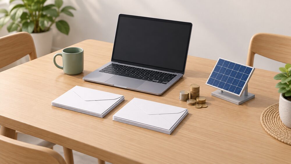A kitchen table with two plain envelopes of household bills side by side, a laptop with a blank screen, a small stack of coins, and a small model of a rooftop solar panel, suggesting a household comparing two energy suppliers.