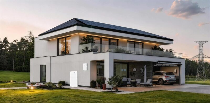 A modern house with rooftop solar panels, a wall-mounted home battery outside, and an EV charging in the garage