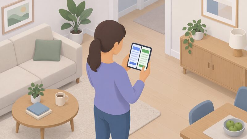 A householder holding a smartphone showing two energy supplier apps side by side as two plain screens on the display, each with blank colour bands and lines instead of readable content, standing in a home interior.