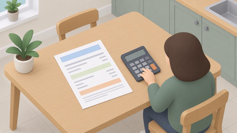 A paper energy bill lying flat on a kitchen table beside a calculator, with a person's hand resting on the calculator as if working out costs, the bill's content shown only as blank lines and plain colour bands.