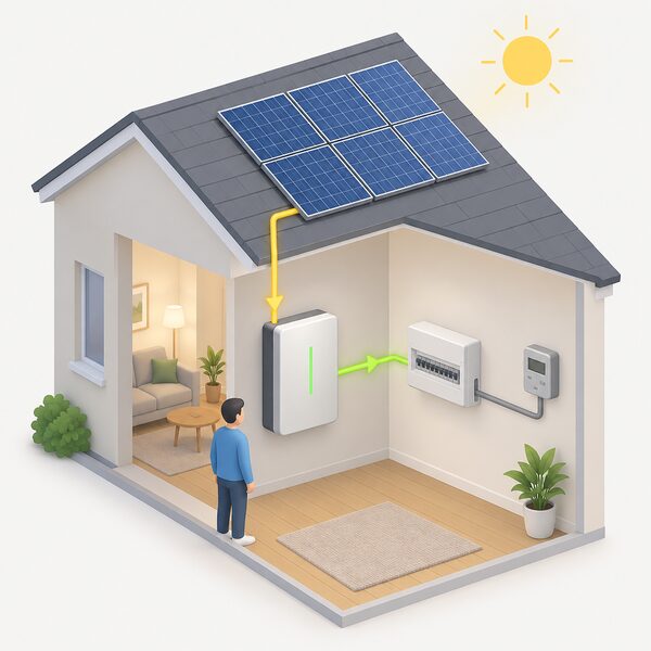 A simplified isometric indoor scene shows a wall-mounted home battery unit inside the house, connected by cable to the property's consumer unit, with a simple flow line from rooftop solar panels above indicating stored midday electricity ready for evening use.