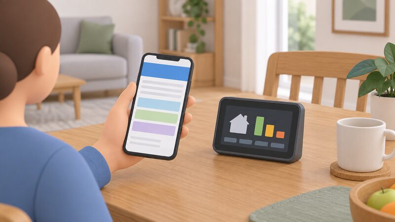 A smartphone held in one hand showing a supplier account dashboard as plain colour bands and blank lines, resting on a table beside a smart meter in-home display with its small screen showing simple blocks, in a home setting.