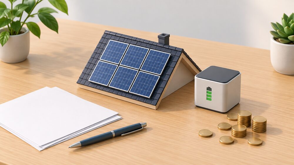 A small model of a house roof with solar panels and a battery cube beside it, resting on a table with blank paperwork, a pen and a scatter of coins, all in daylight.