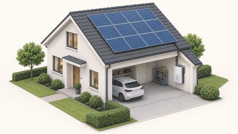 A simplified isometric view of a house with a solar panel array on its pitched roof and a wall-mounted battery unit inside the attached garage, connected by cabling running down from the roof into the garage.
