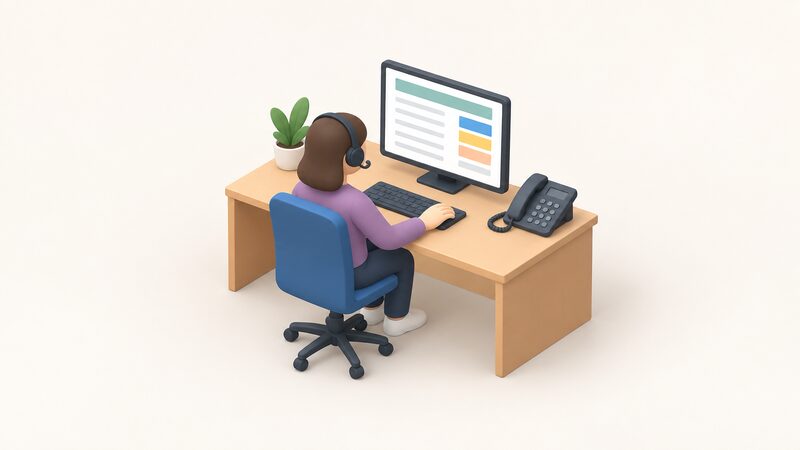 A customer services adviser in plain clothing sits at a desk wearing a headset, looking at a computer screen showing an energy bill as plain colour bands and blank lines, with a telephone on the desk.