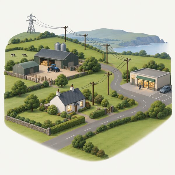 A rural Northern Ireland landscape with wooden electricity poles carrying overhead wires across fields, the line running from a distant pylon past a small farm with outbuildings and a house with a lit window, and on to a small shop or business premises, all connected to the same distribution network.