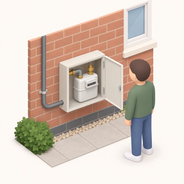 A domestic gas meter in its meter box on the outside wall of a house, connected to the incoming gas supply pipe, with a simplified isometric figure of a householder standing beside it, showing the equipment behind household gas bills.