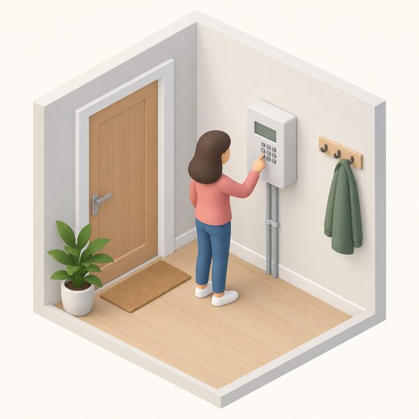 A white keypad prepayment electricity meter mounted on an interior wall of a home, with a small isometric figure pressing keys on its keypad, shown in a simple cutaway room setting.