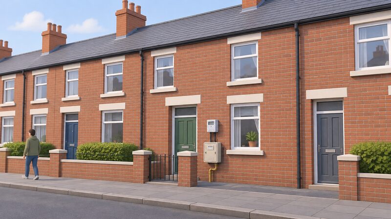 A row of Northern Irish terraced houses seen from the street, with a gas meter box and an electricity meter mounted on the exterior front wall of one home.