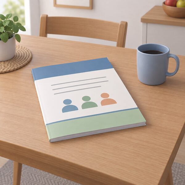 A printed customer satisfaction survey report lying closed on a plain domestic table, its cover carrying only plain colour bands and blank lines, with no readable words or figures, beside a simple mug in a home setting.