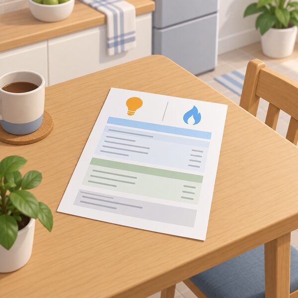 A paper household energy bill lying on a kitchen table, shown as a physical document with plain colour bands and blank lines standing in for tariff charges, unit rates and standing charges, with no readable words or figures anywhere on it.