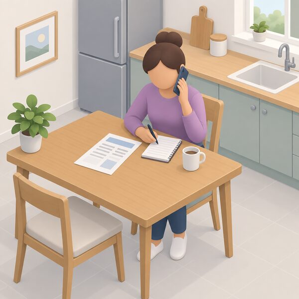 A customer at a kitchen table holding a phone to their ear, with an energy bill and a notepad of scribbled notes beside them, making a call about their account.