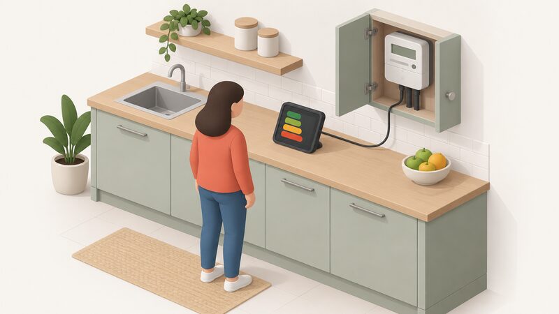 A kitchen worktop scene showing a compact in-home display standing upright with a plain screen carrying simple colour bands suggesting a live usage reading, beside a small simplified isometric figure of a person glancing at it, with the wall-mounted smart electricity meter visible in an adjacent cupboard or box connected by a short cable, all drawn without any readable words or numbers.