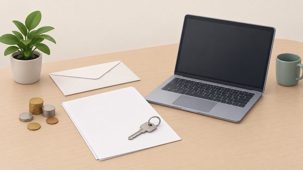 A small tabletop arrangement of a blank paper bill, a plain envelope, a loose stack of coins and a closed laptop, with a house key resting on the papers, suggesting a household sorting out an account with a supplier that has changed.