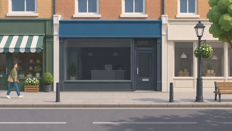 A closed energy supplier shopfront on a British high street, with a plain colour sign band above the window, dark window display and a closed door, drawn as a simplified street scene with no readable words or logos.