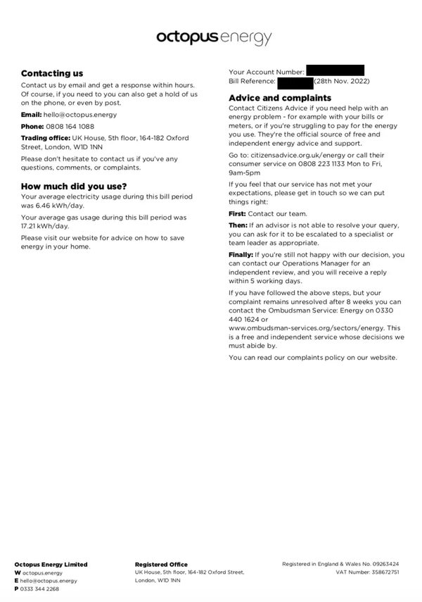 A page from an Octopus Energy electricity bill showing contact details, usage figures and complaints advice