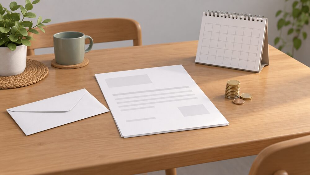 A kitchen table with a blank energy bill and a plain envelope lying flat, a small stack of coins beside them, and a blank wall calendar in the background, showing the bill and the complaint running as two separate tracks.
