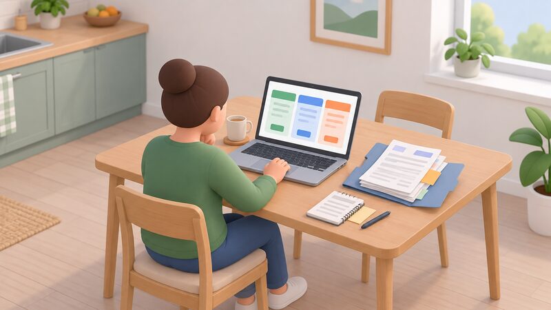 A householder at a kitchen table comparing supplier options on a laptop screen, with a folder of dated letters, bills and notes beside them as evidence, the screen showing plain colour blocks and blank lines instead of readable content.