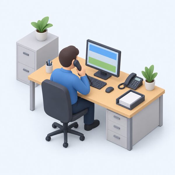 A simplified isometric office worker at a desk in a supplier's office, telephone handset to one ear, looking at a computer screen showing plain colour bands, with a second phone and paper tray suggesting messages passing between two suppliers during a switch.