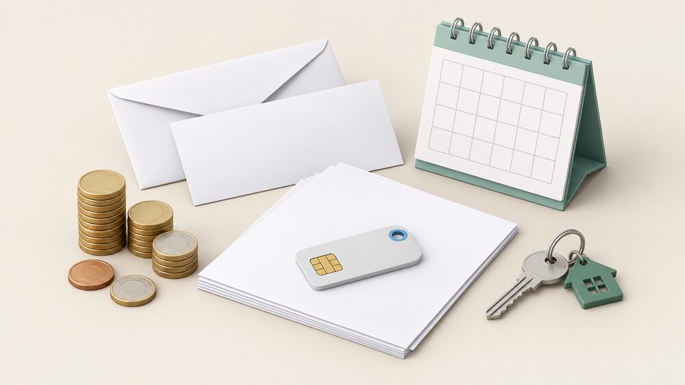 A small tabletop arrangement showing the moment of switching energy supplier: a blank letter and envelope beside a stack of coins and a prepayment meter key resting on blank paperwork, with a calendar and a house key nearby.