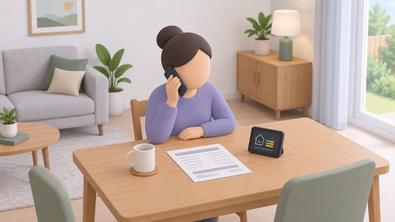 A householder seated at a table at home, phone to ear, with a paper energy bill and a smart meter display lying on the table beside them, waiting to be answered.