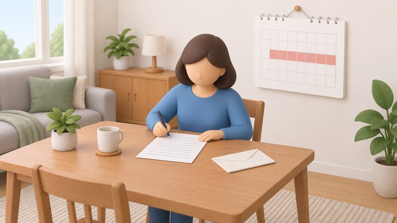 A householder seated at a home table writing a complaint letter by hand, with a wall calendar beside them showing a plain block marking the eight-week span since the complaint was first raised.