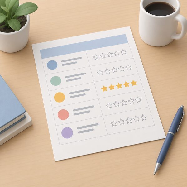 A printed comparison table sheet lying on a desk, showing several supplier rows with blank name lines and one row highlighted with a row of five filled stars beside plain star outlines, drawn as a physical document with no readable words or numbers.