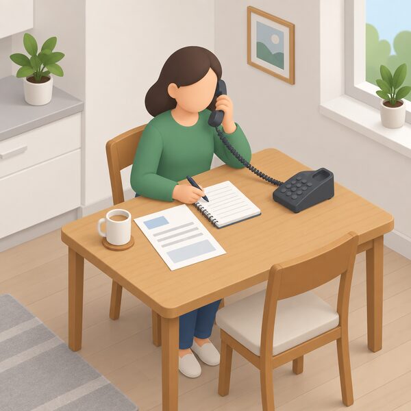 A simplified isometric figure sits at a kitchen table holding a telephone handset to their ear, mid-call to a free energy advice helpline, with a paper energy bill and a notepad with blank lines beside them in a plain home setting.