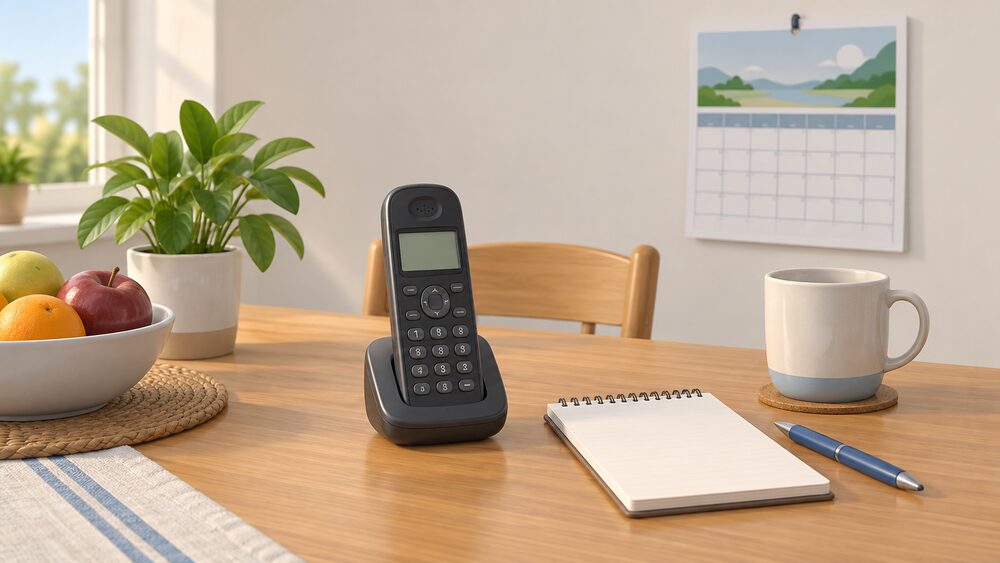 A cordless home phone lying on a kitchen table beside a blank notepad and pen, with a wall calendar and a mug nearby, suggesting a household preparing to call their energy supplier and take notes while waiting on hold.