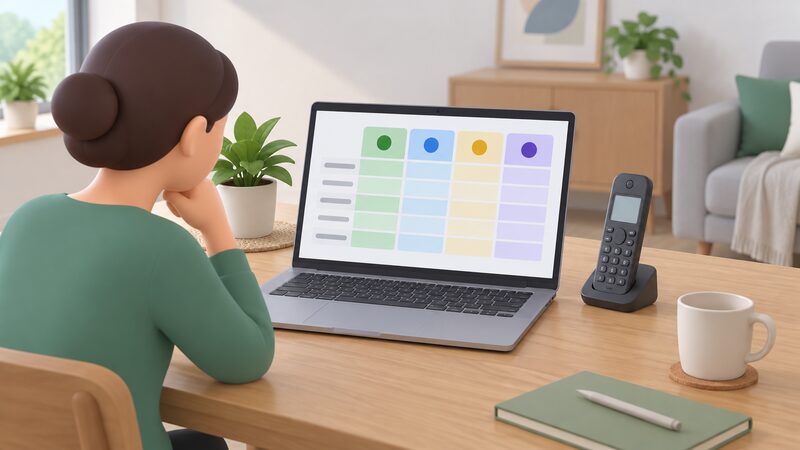 A laptop on a home table shows a comparison table of energy suppliers' customer service ratings as blank rows and plain colour bands, with a cordless phone resting beside it, suggesting a household weighing overall scores against waiting times.