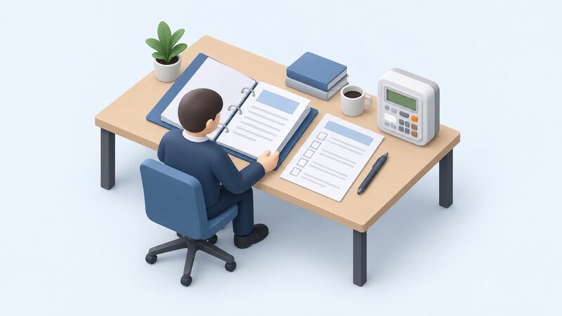 A desk scene showing an open audit file and a printed compliance checklist lying beside a smart prepayment meter, with a small isometric figure reviewing the papers to represent the independent audit a supplier must pass before restarting involuntary installations.