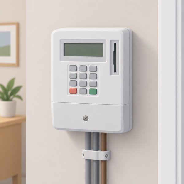 A simple domestic prepayment electricity meter mounted on an interior wall of a home, shown as plain equipment with its keypad and display slot, with no people present.