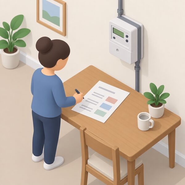 A printed repayment agreement document lying on a household table beside a wall-mounted prepayment meter, its content shown only as blank lines and plain blocks marking the amount owed, the repayment rate and the repayment date, with a simplified figure standing nearby holding a pen.
