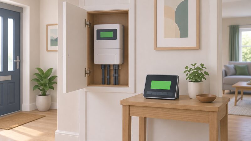 Inside a home, a wall-mounted smart electricity meter in a cupboard or near the entrance is shown alongside its in-home display resting on a table nearby, the screen showing a plain credit balance block to depict the meter having been remotely switched to prepayment mode.