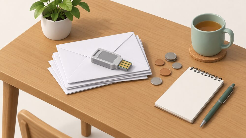 A small kitchen table holding a prepayment meter top-up key resting on a short stack of blank letters, with a few loose coins and a blank notepad beside them, suggesting a household sorting out an energy debt.