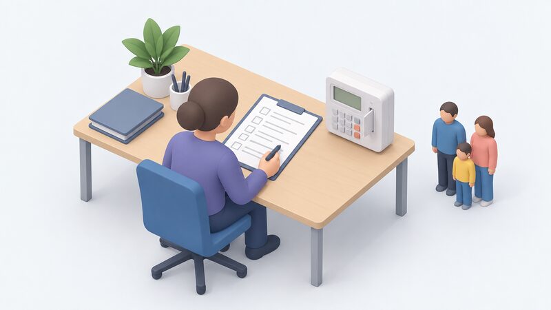 A supplier adviser at a desk reviews a household vulnerability checklist form, ticking through risk category boxes with a prepayment meter decision paused beside it, a small household figure shown nearby to represent the family being assessed.