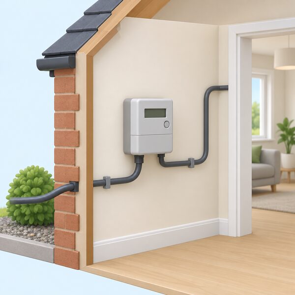 An electricity meter mounted on an inside wall of a home with its supply cable continuing onward into the house, drawn as a simple cutaway showing the meter in place and the connection running uninterrupted, with no sign of disconnection or work being done.