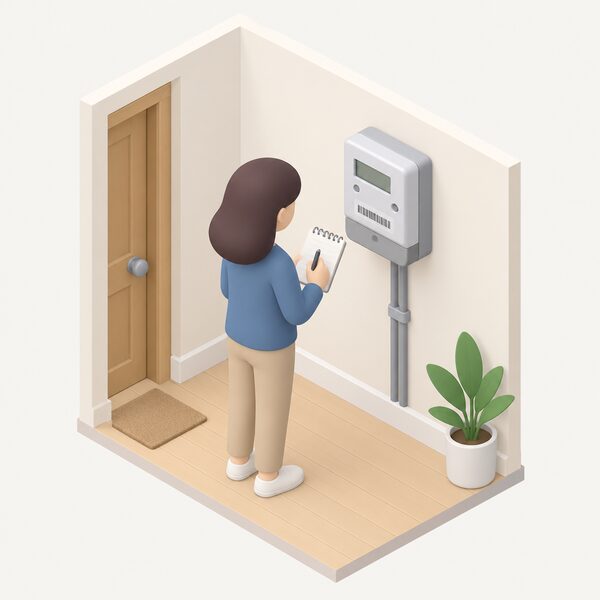 A simplified isometric householder standing beside the wall-mounted domestic electricity meter inside the home, writing the meter reading on a notepad at the point of supplier transfer, with the meter's digital display and meter serial panel shown plainly.