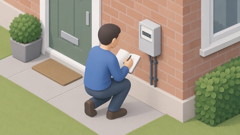 A simplified isometric figure kneels at a domestic electricity meter mounted on an outside wall of a house, reading the meter display and writing into an open notebook held in one hand.